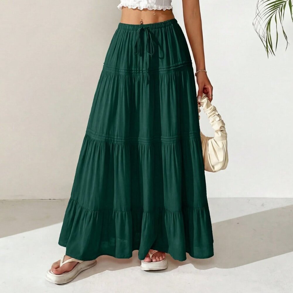 Green Casual Women's Elastic High Waist Pleated Long Maxi Skirt